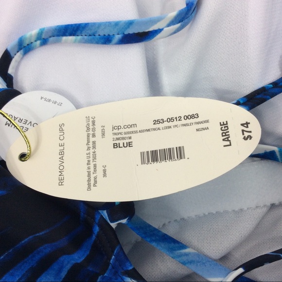 Mynah Large One Piece Swimsuit Asymmetrical Lace Up Back Tropic Goddess Blue JCP - Picture 3 of 4